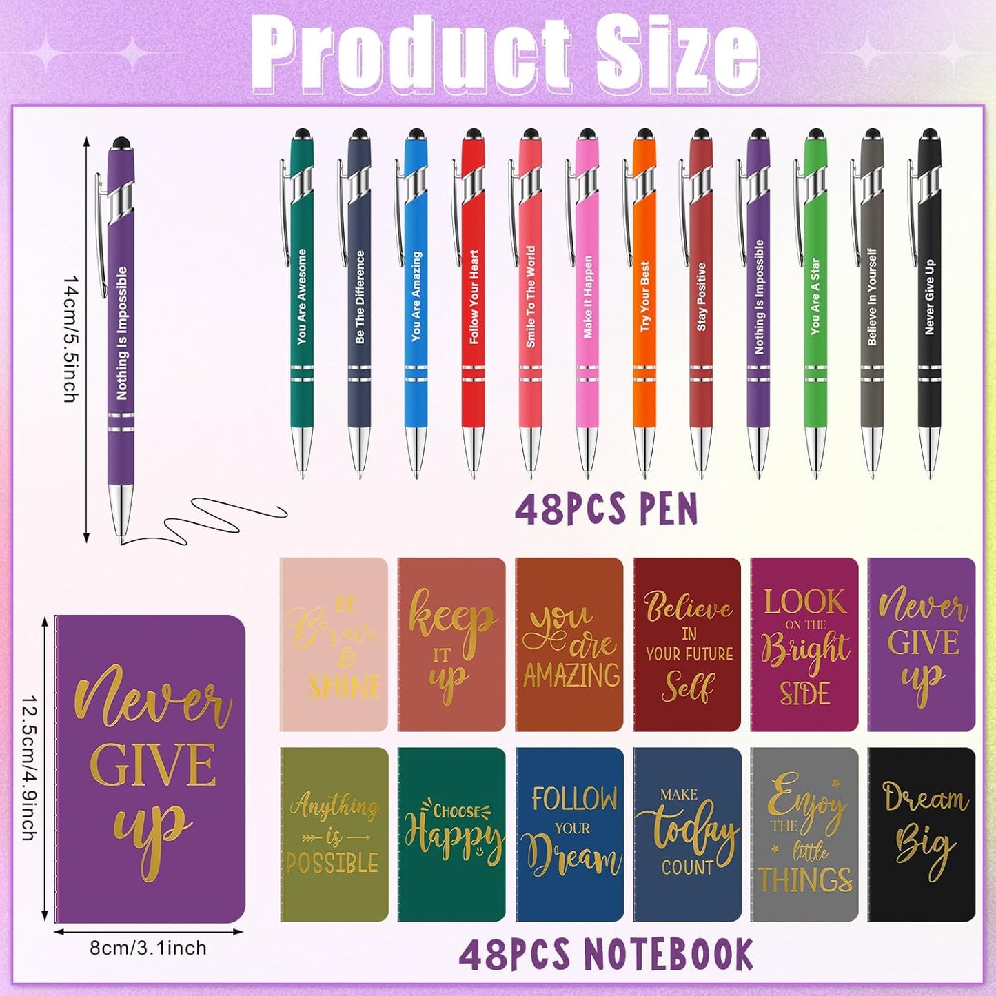 96 Pcs Bulk Motivational Pens Inspirational Notepads Set, Small Pocket Motivational Quote Notebooks and Ballpoint Pens, Mini Journals Gift Set for Kids Students Teachers School Office Prizes Supplies