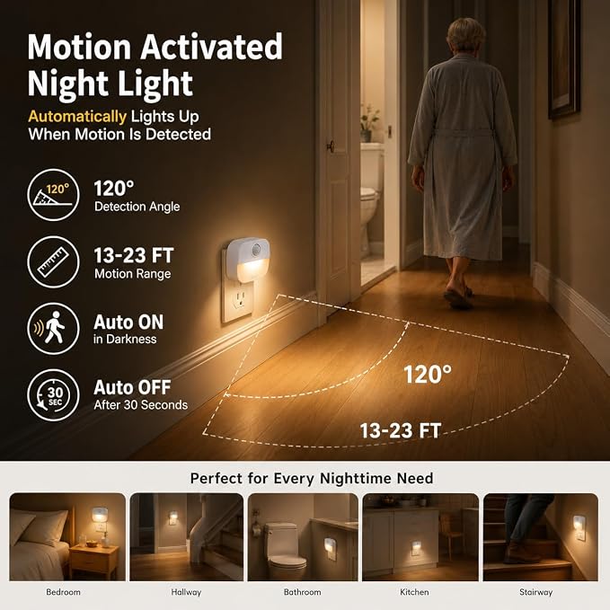 Sossi Motion Sensor Night Light Plug in 4 Pack, 10-60Lm Stepless Dimming - Image 2
