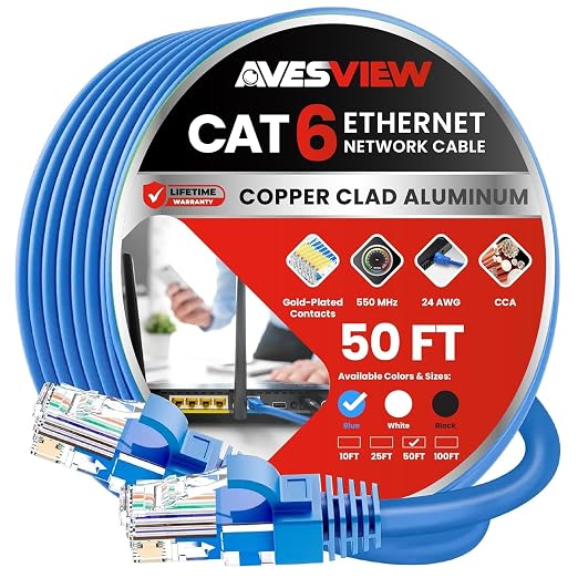 CAT 6 Ethernet Cable 50 FT, Indoor High-Speed 10Gbps Snagless Long CAT6 50 FT by AvesView