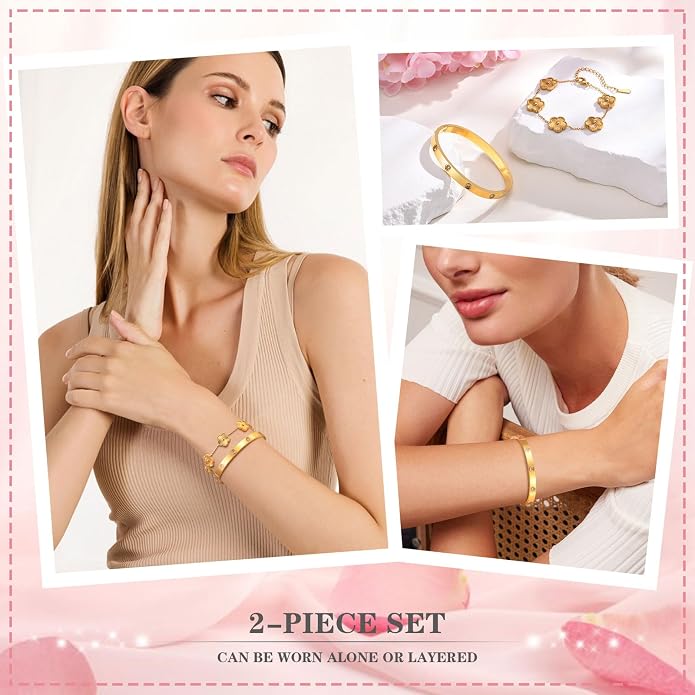 MPRAINBOW Womens Stackable Gold Bracelets Jewelry, 18K Gold Plated Floral - Image 3