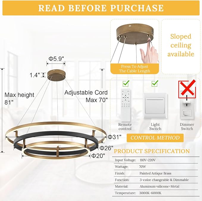 3 Ring LED Chandelier Black Gold Round Chandeliers Light Fixture 31in Dimmable - Image 5