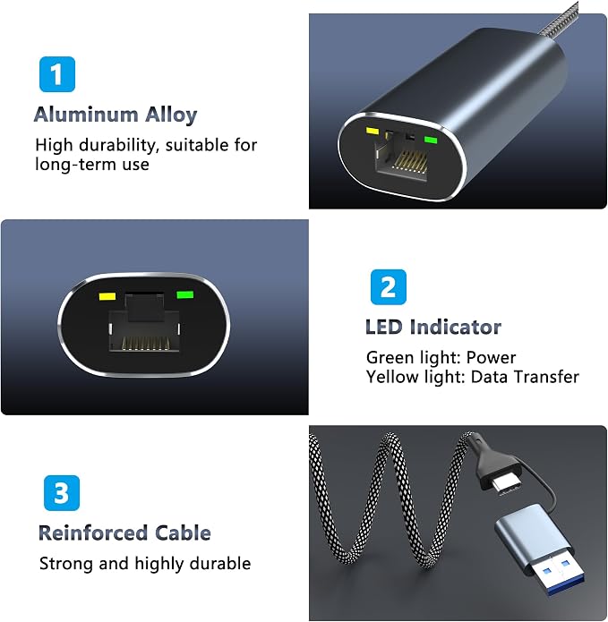 USB to Ethernet Adapter 2.5Gb, Dual-Connector 2 in 1 USBA&USBC to 2.5 Gigabit - Image 8