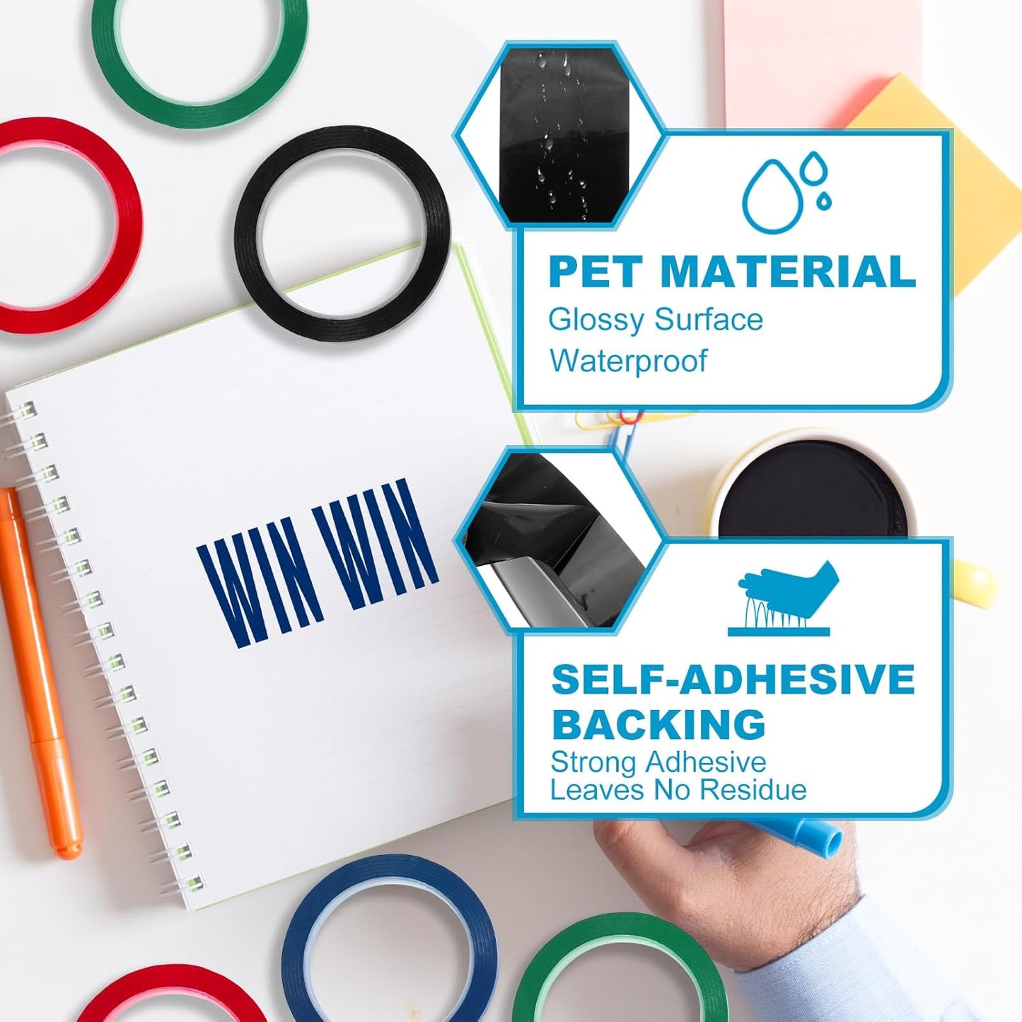 MECCANIXITY Whiteboard Tape 1/4" x 72 Yard Pinstripe Graphic Chart Line Grid Marking Tapes for Classroom Office Dry Erase Board Art, Black, Pack of 3