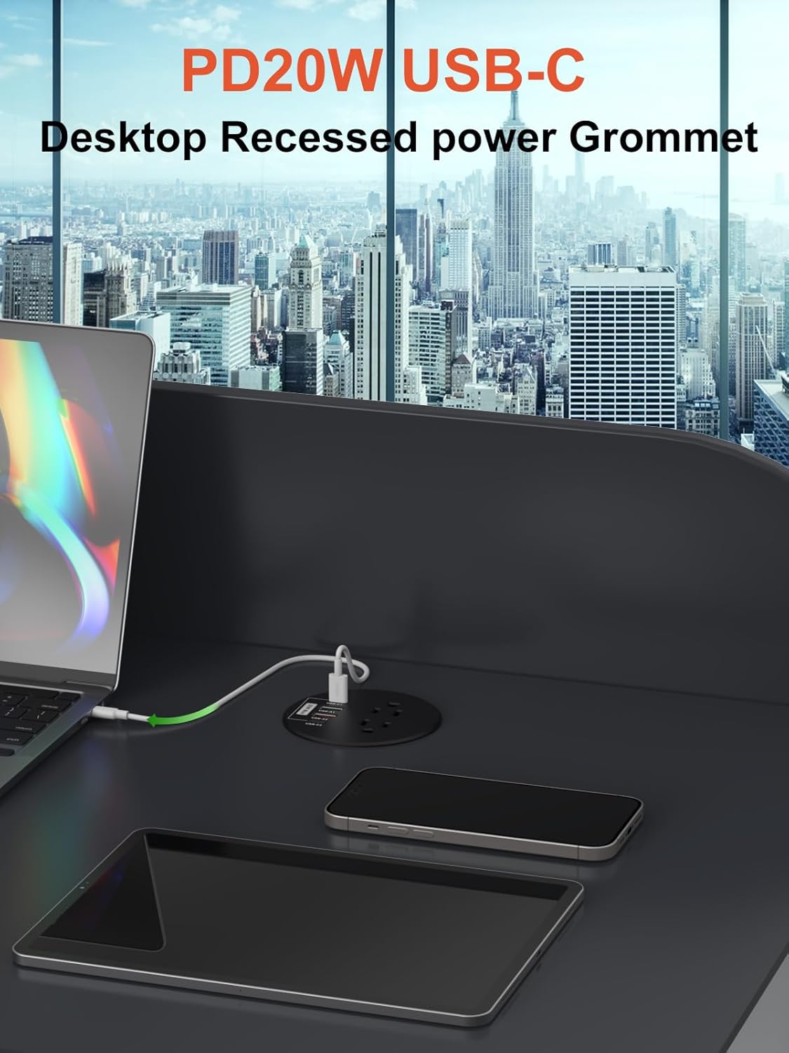 Desktop Power Grommet 3 inch with PD20W USB C Ports 2 AC Outlets,Recessed Power Grommet Outlet Fast Charging Station,Desk Hole Grommet Outlets,Round Deskt Grommet Outlet for Office,Home (Black)