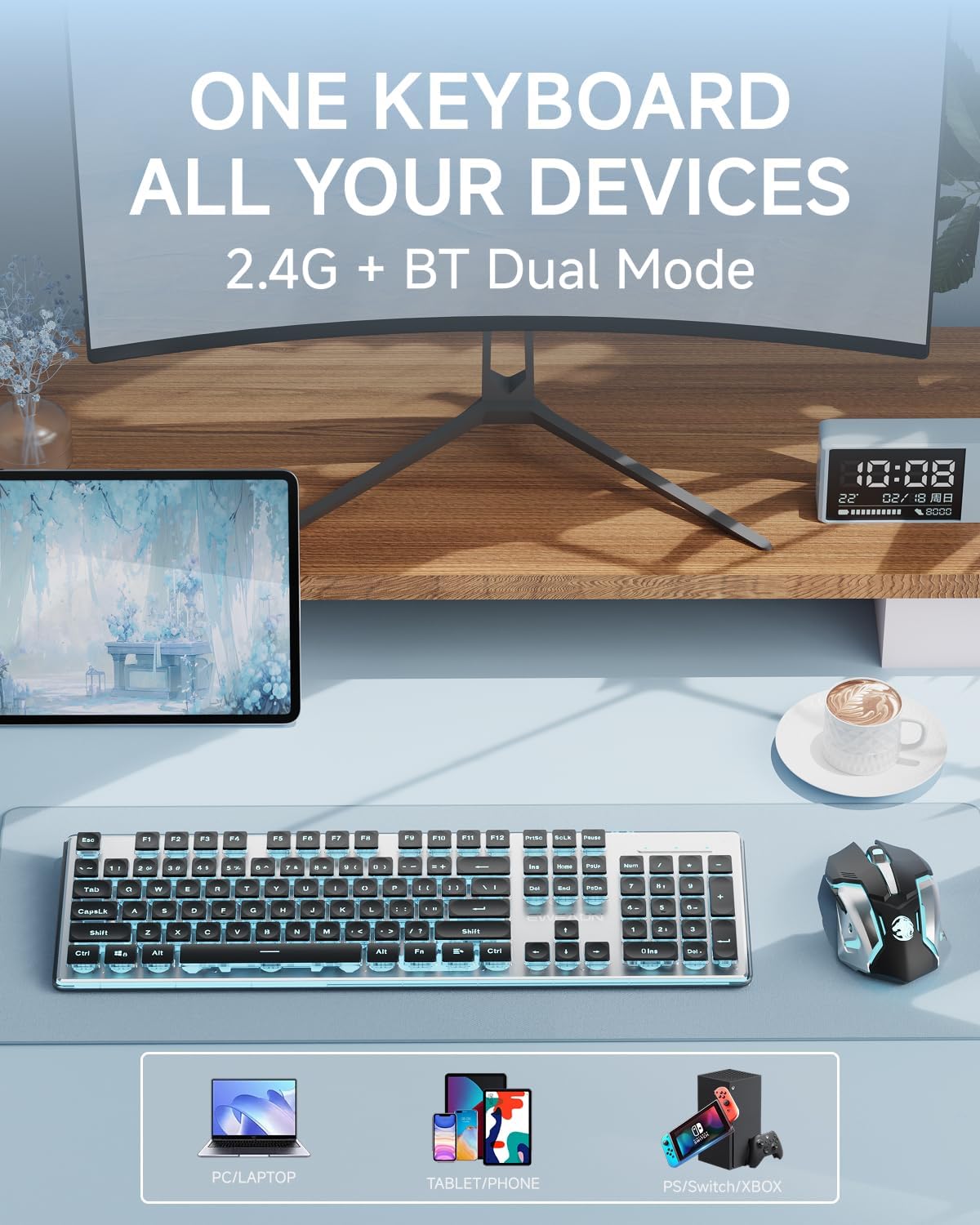 EWEADN V3 Wireless Keyboard and Mouse with Blue Backlit, Metal Panel, Bluetooth/2.4G Rechargeable Computer Keyboard and Mouse Combo Silent Lighted Full Size Cordless Keyboards-Black