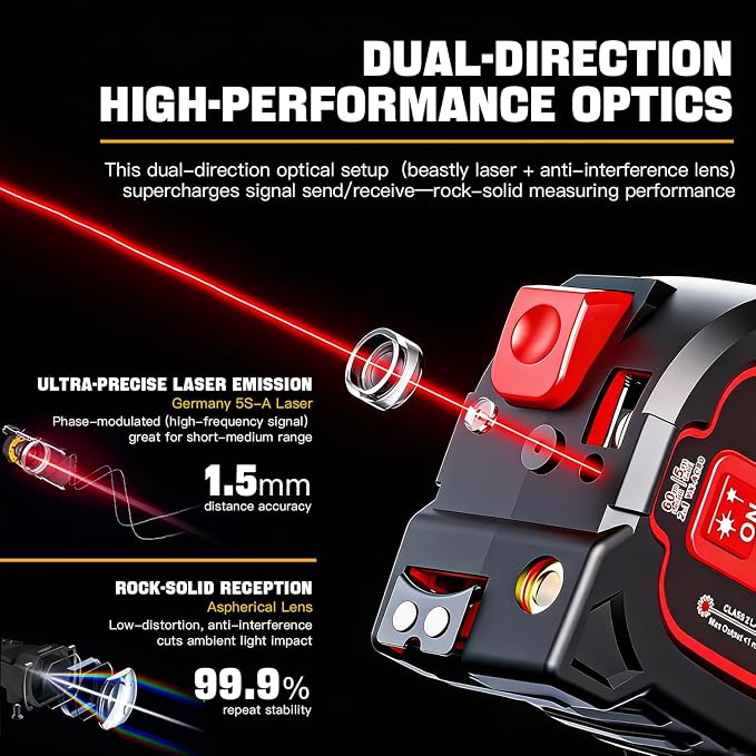 3-in-1 Laser Tape Measure - 196ft Max Laser Distance Meter & 16ft AutoLock - Image 3