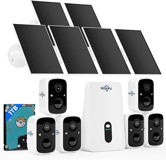 Hiseeu Solar Security Cameras Wireless Outdoor System, 6 Cam-Kit, Expandable to by Hiseeu