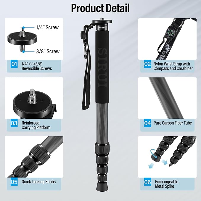 SIRUI Carbon Fiber Monopod for cameras, 6 Sections, Load up 15kg, included - Image 7