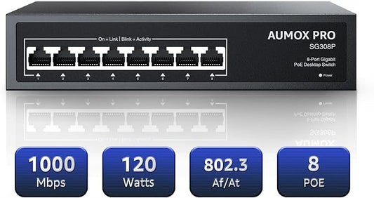 8 Port PoE Switch Gigabit 120W, Gigabit Unmanaged Ethernet Switch, Plug & Play by AUMOXPRO
