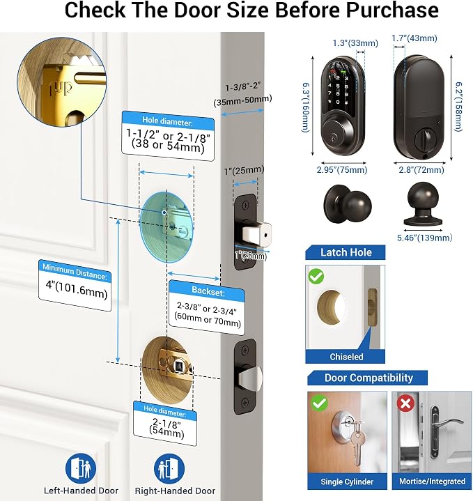 Veise RZ06C Smart Locks for Front Door, 2 Knob Handle Set, Keyless Entry - Image 6