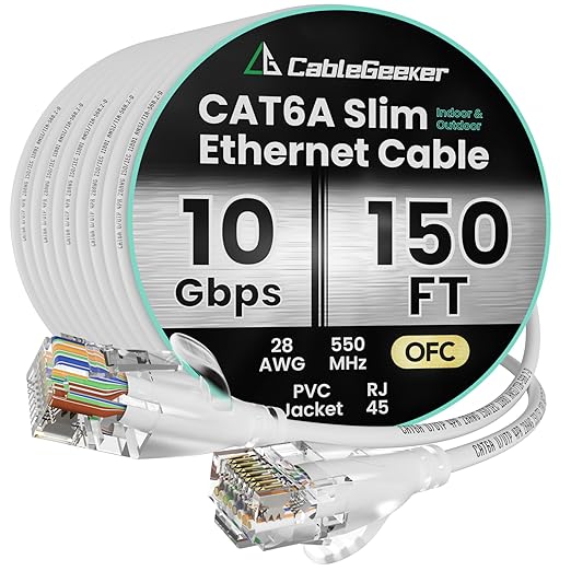 CableGeeker CAT6A Slim Ethernet Cable 150FT, 10Gbps 550MHz High Speed Network by CableGeeker