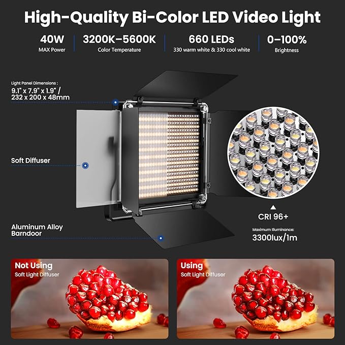 NEEWER 2 Pack Bi Color 660 LED Video Light and Stand Kit: 3200-5600K CRI 96+ - Image 2