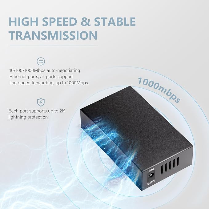 5-Port Gigabit Ethernet Switch, Unmanaged Home Network Switch Hub, Ethernet - Image 5