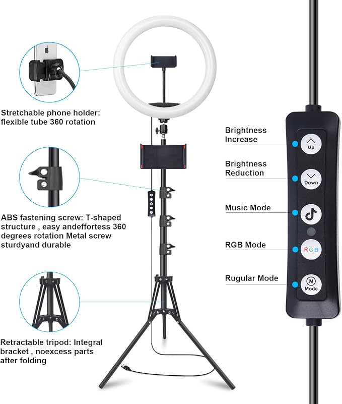 10" Selfie Ring Light with 73" Tripod Stand & 1 Phone Holder, LED Camera - Image 9