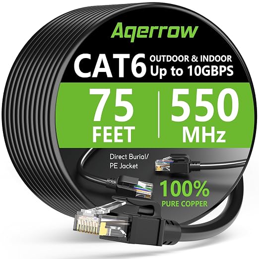 Aqerrow Cat6 Ethernet Cable 75FT, Outdoor Direct Burial Cat 6 Cable 24AWG High by EthernetCable