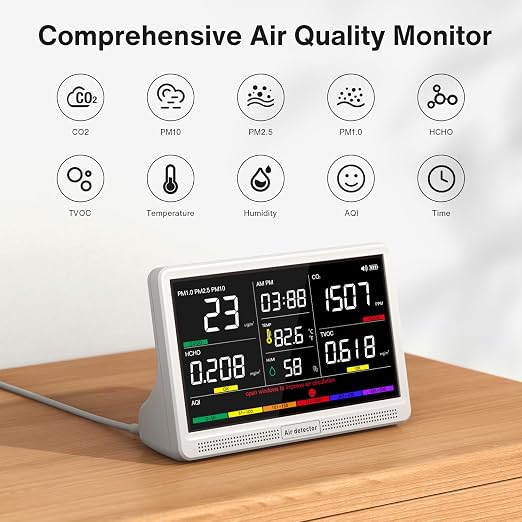 16 in 1 Air Quality Monitor Indoor 7" Large Display 9 AQI+7 Alerts, CO2 Monitor - Image 2