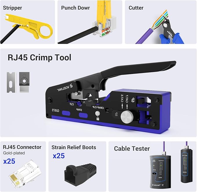 VCELINK RJ45 Crimp Tool Kit for CAT7, Upgraded Network Tool Set - Image 3