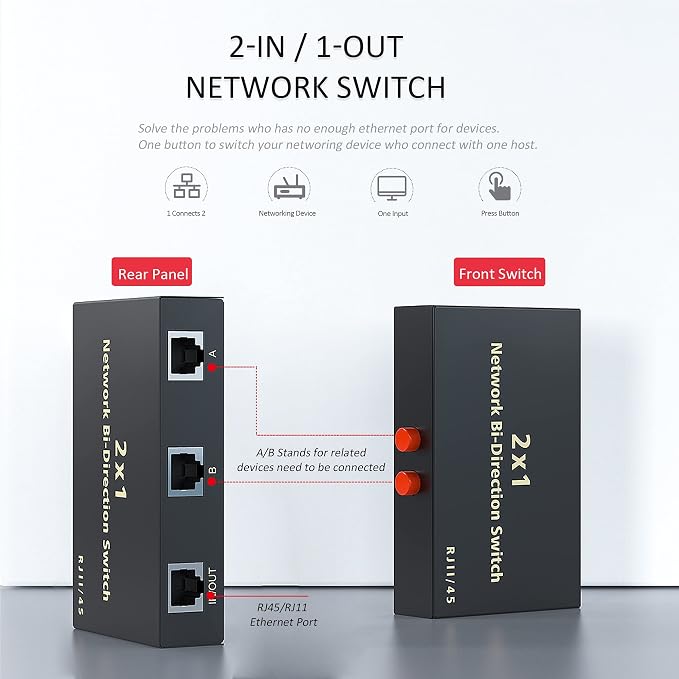 RJ45 Network Switch Selector 2x1 Ethernet RJ45 Network Switch Splitter Selector - Image 2