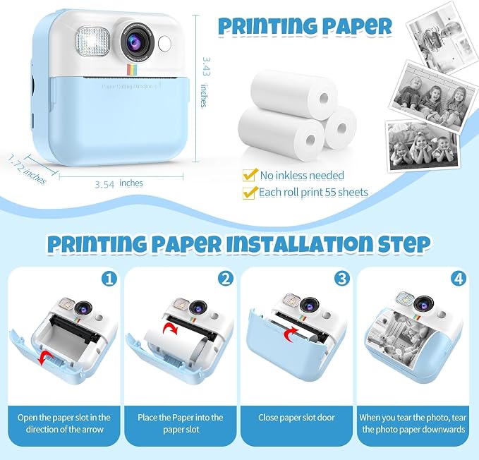 Kid Camera for Boys, Portable Toddler Blue Printing Camera Toy 1080P Video - Image 6