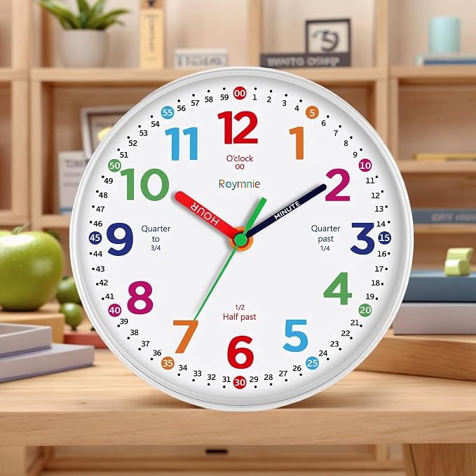 Roymnie Wall Clock 10 Inch for Kids Learning Kids Teaching Clock Analog Silent - Image 4