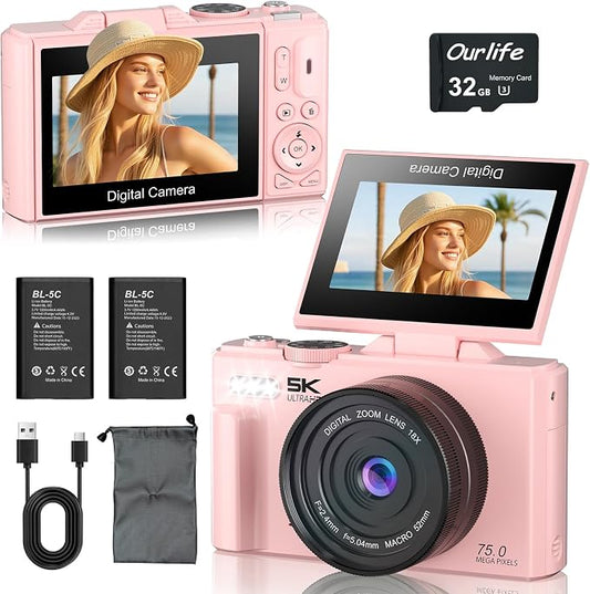 Ourlife Cameras for Photography, 5K 75MP Autofocus Vlogging Camera for YouTube by OurlifeCameraforKids