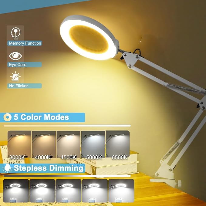 10X Magnifying Glass with Light and Clamp, Real Glass Stand Lighted Magnifier - Image 4