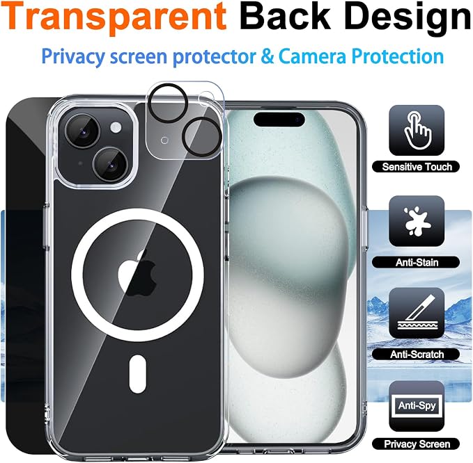 for iPhone 15 Case Clear with Privacy Screen Protector and Full Camera - Image 2