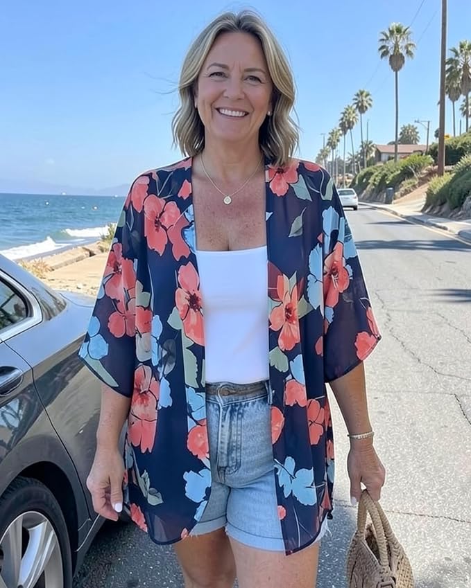 Women's Floral Print Puff Sleeve Kimono Cardigan Loose Cover Up Casual Blouse - Image 6