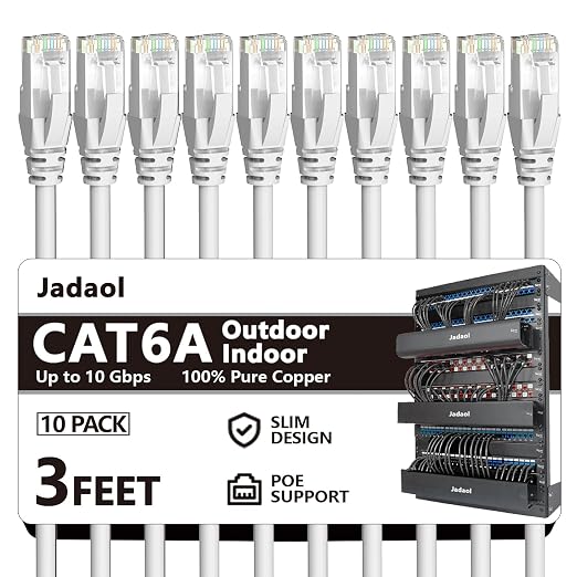 Jadaol Cat6a Ethernet Cable 3 ft 10 Pack, Slim 10G 550MHz 28AWG Patch Cable by Jadaol