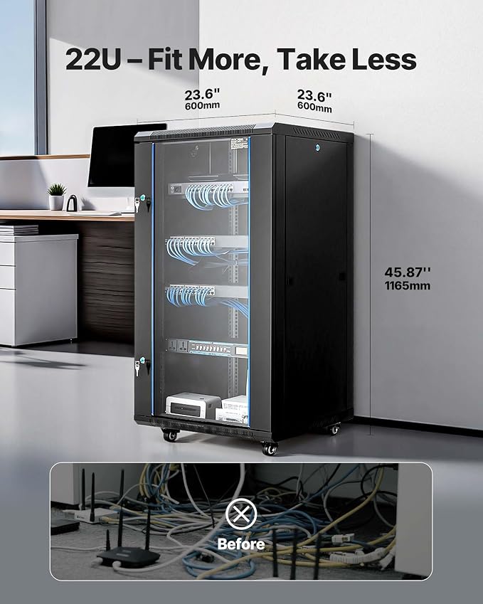 VEVOR 22U Server Rack Cabinet, Network Cabinet Wall Mount, 23.6 in Depth - Image 2