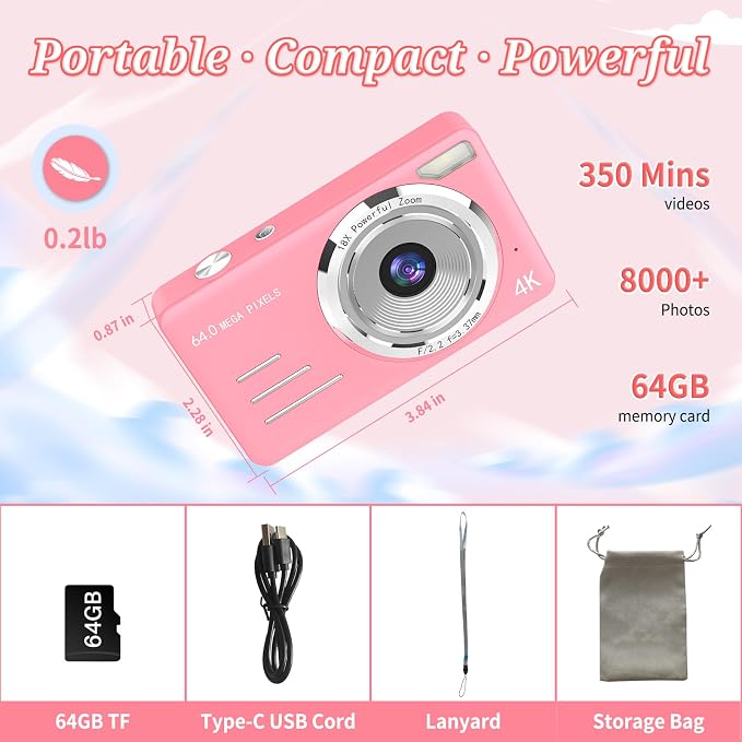 Digital Camera, FHD 4K 64MP Point and Shoot Kids Digital Camera - Image 7