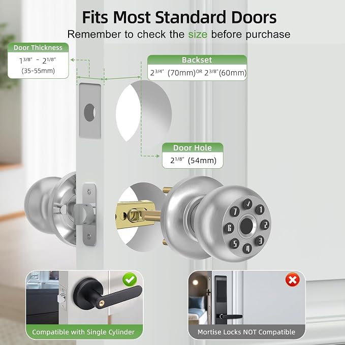 Fingerprint Door Knob, Smart Biometric Lock, Satin Nickel | Code & App Control - Image 6