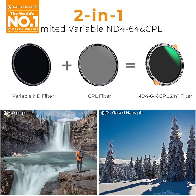 K&F CONCEPT 49mm ND4-64 ND Lens Filter Variable & CPL Polarizers Filter 2-in-1 - Image 2