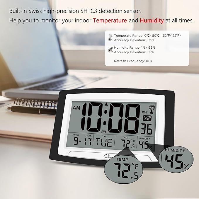 WallarGe Atomic Clock with Indoor Temperature and Humidity, 12.5 Inch - Image 4