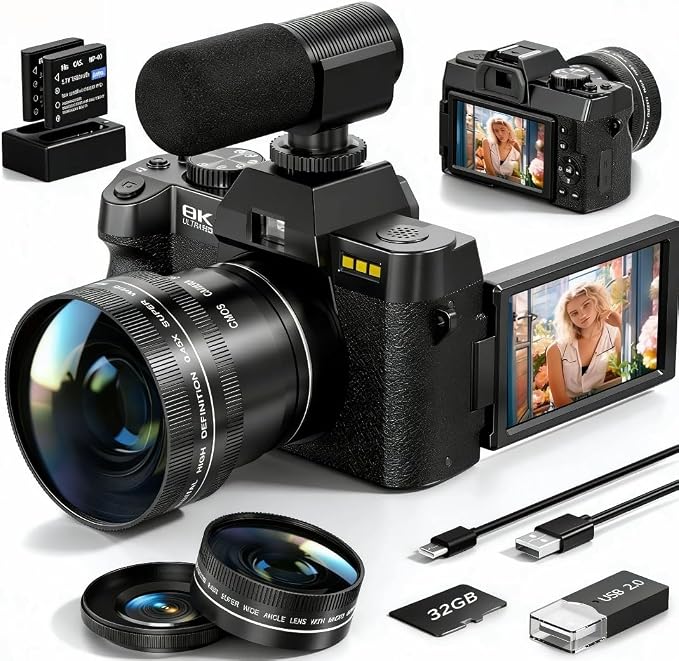 8K Digital Cameras for Photography, 64MP vlogging Camera by Monitech