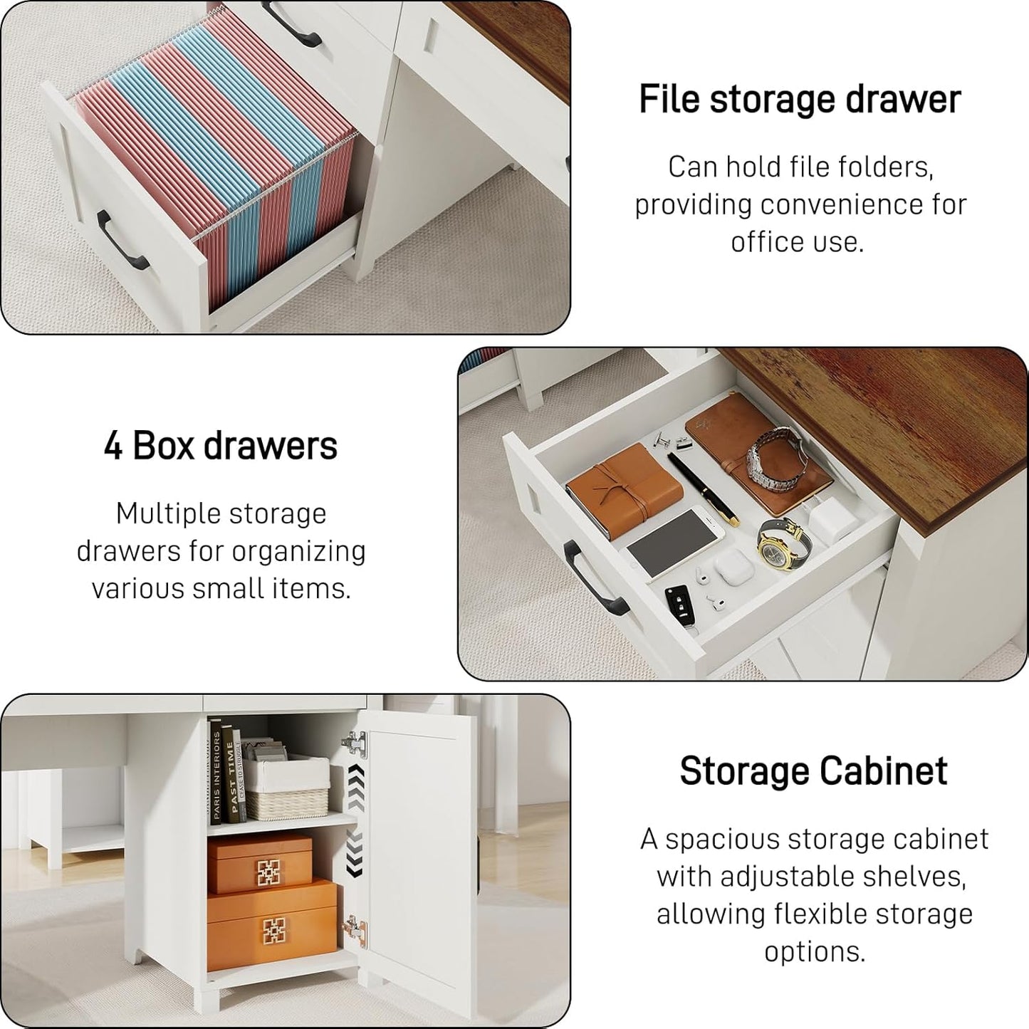 Farmhouse 67" H Executive Desk with Hutch,Office Desk with 5 Drawers, Computer Desks with Storage Cabinet & File Drawers and Charging Station, Workstation for Home Office and Study.(Unique White)