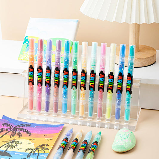 24 Colors Paint Markers, Dual-Color Acrylic Pens with Brush Tips, Double Tipped for Rocks & Art Supplies (12pcs/24colors)