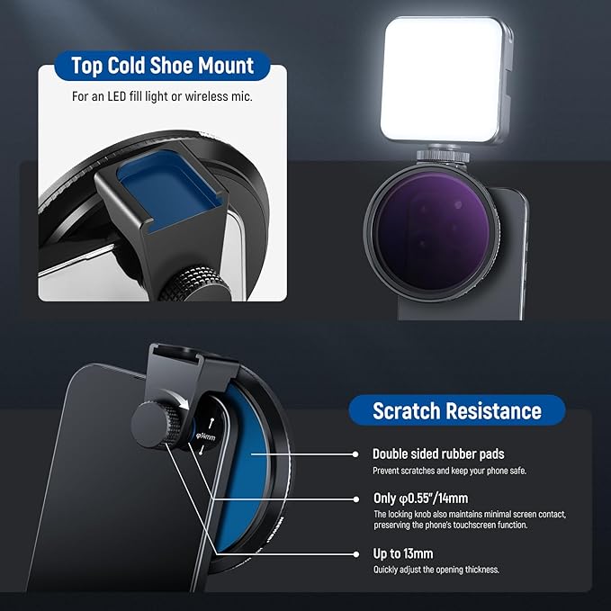 NEEWER 67mm Clip On Variable ND2-ND32 Phone Lens Filter Kit, Phone Clip - Image 5