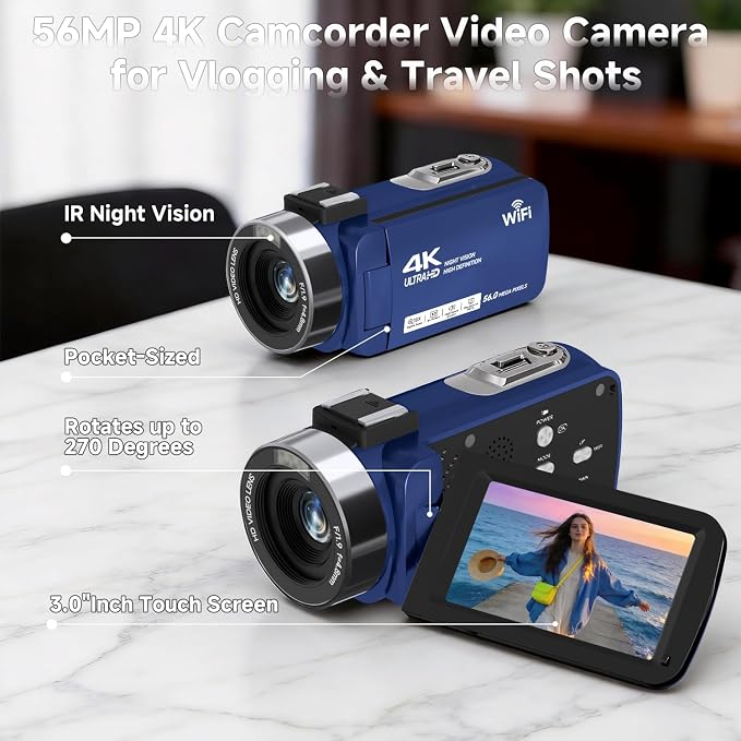 Video Camera, 4K Camcorder 56MP Digital Video Recorder 18X Zoom 3" 270° - Image 3