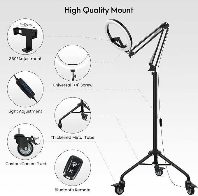 LUXSURE Tripod for iPhone with Ring Light, Overhead Camera Mount with Casters - Image 7