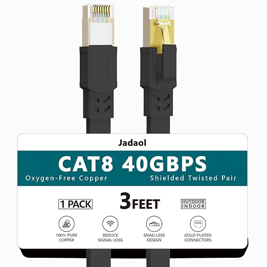Jadaol Cat 8 Ethernet Cable 3 ft, 40Gbps 2000MHz Flat RJ45 S/FTP LAN Patch Cable by Jadaol