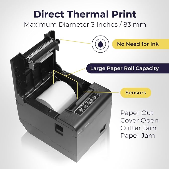 Volcora Thermal Receipt Printer, 80mm POS Printer w/Auto Cutter, USB/Ethernet - Image 4
