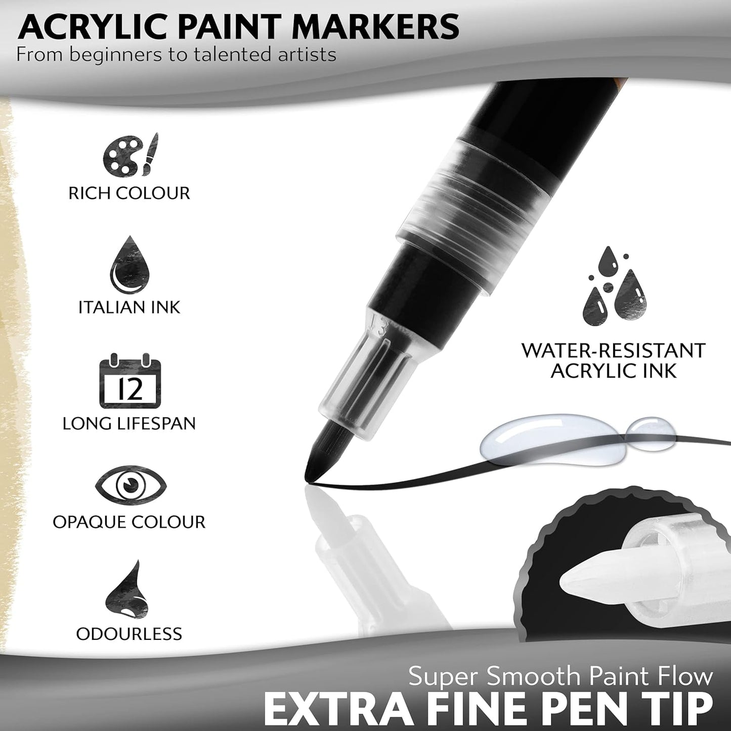 Stylo 4 Count Acrylic Metallic Pens - Black Paint Pens - Fine Tip Permanent Acrylic Metallic Paint Markers for Rock Painting, Glass, Wood, Ideal for Arts and Crafts (Pack of 4, Black)