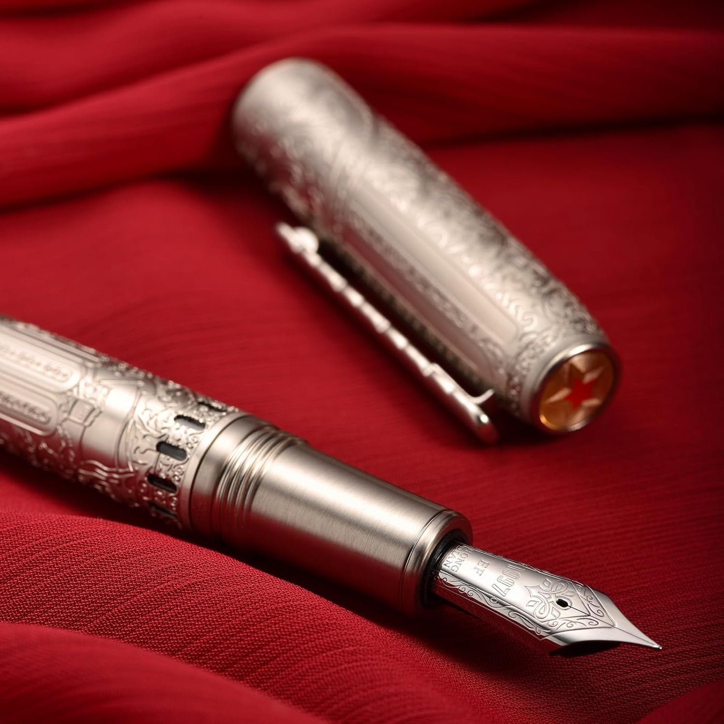 Hongdian 100 Silver Steel Piston Fountain Pen, Iridium Fine Nib Calligraphy, Smooth Writing Pens, Nice Writing Pen for Men & Women