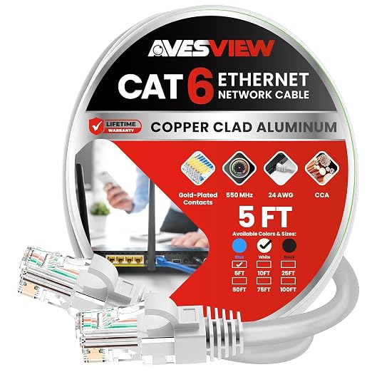 CAT 6 5FT Ethernet Cable, Indoor High-Speed 10Gbps Snagless CAT6 Ethernet Cable by AvesView