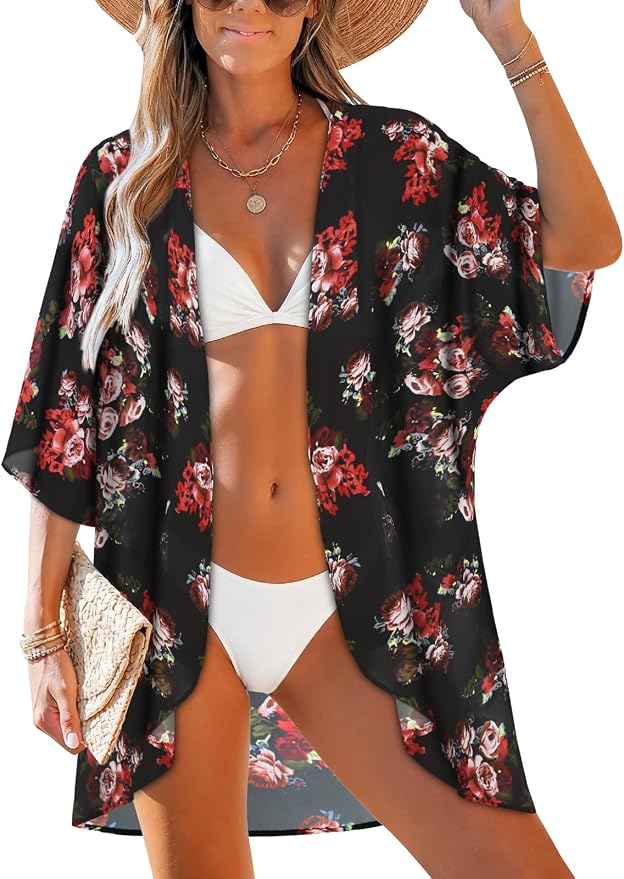 Women's Floral Print Puff Sleeve Kimono Cardigan Loose Cover Up Casual Blouse - Image 2