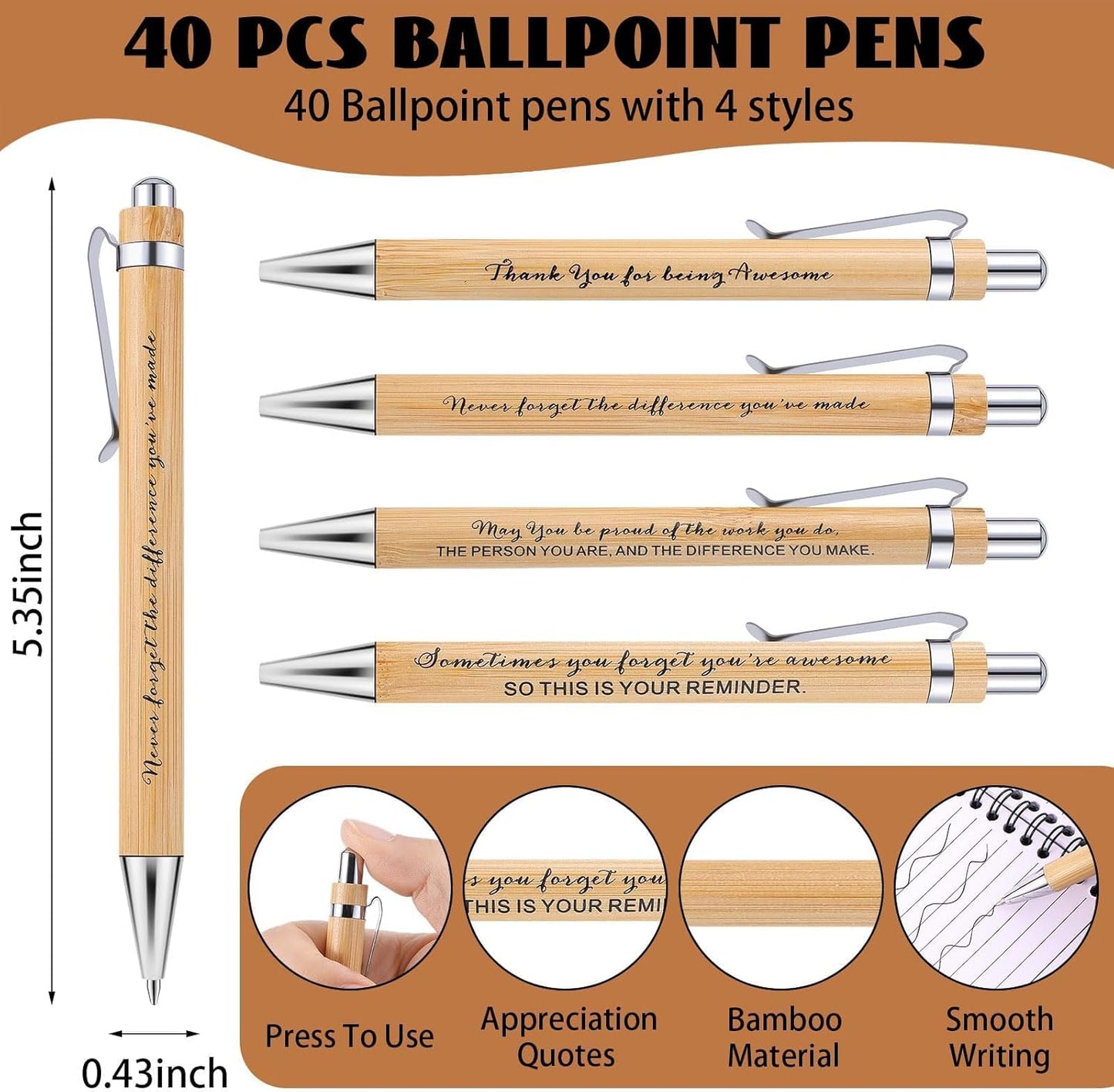 40 Sets Employee Appreciation Gifts Spiral Notebooks with Sticky Notes Notepads Thank You Journals Inspirational Bamboo Ballpoint Pens Bulk Christmas Gift for Nurse Teacher Coworker