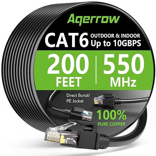 Aqerrow Cat6 Ethernet Cable 200FT, Outdoor Direct Burial Cat 6 Cable 24AWG High by EthernetCable
