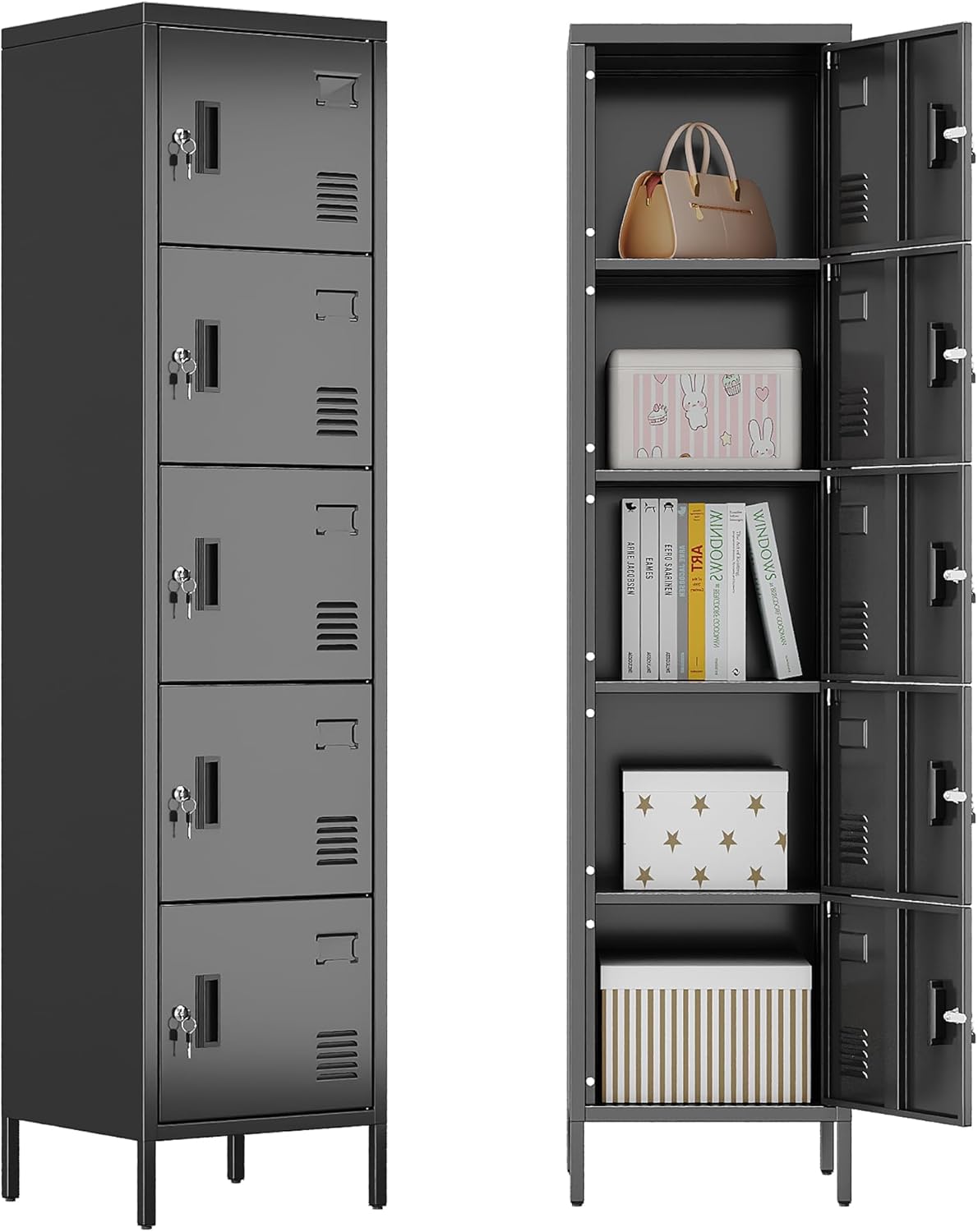 Aobabo 16" W 5 Door Metal Storage Locker with Lock, 66" H Steel Locker with Name Card Holder and Metal Leg for School, Home, Office, Playroom, Assembly Required, Black