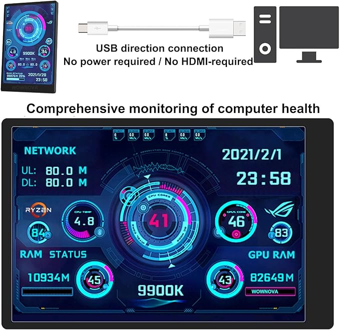WOWNOVA PC Temperature Display, Computer Temp Monitor, ARGB Case, IPS USB Mini - Image 2